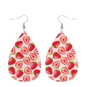 Leather Strawberry Print Pink and Red Teardrop Drop Earrings
